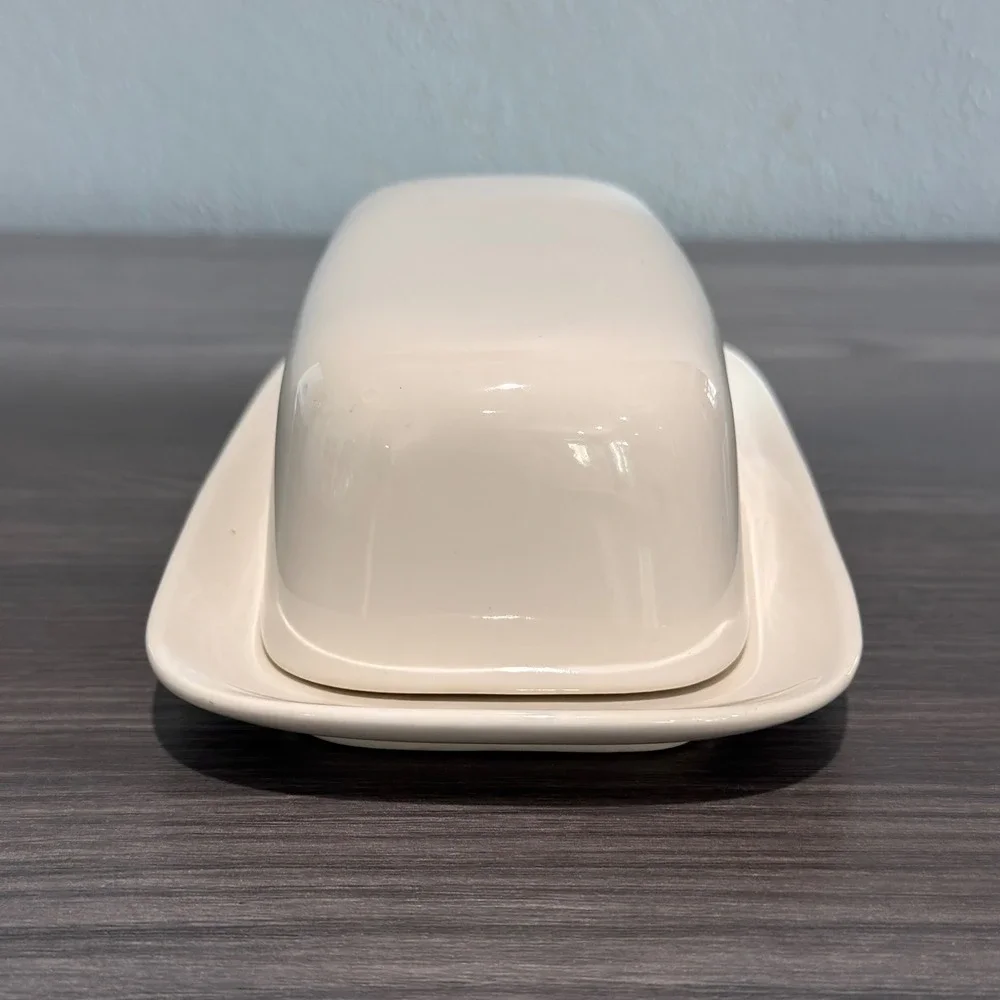 Vintage C&R Japan Cream Ceramic Butter Dish with Lid Minimalist Off White 8 Inch